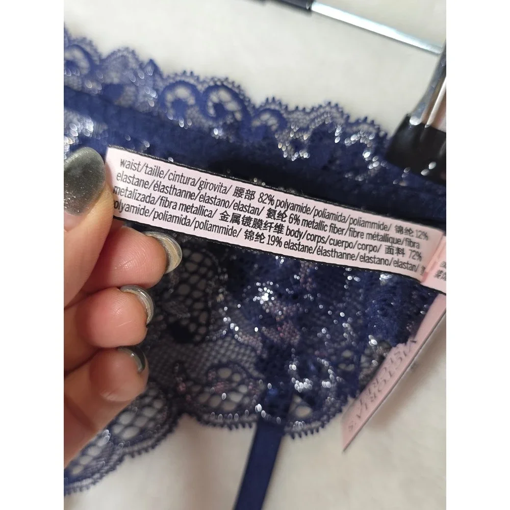 Victoria's Secret‎ NWT Dream Angels Navy Silver Metallic Lace Garter  Belt XS/S